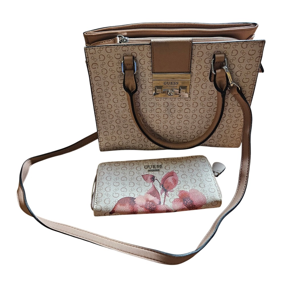 Guess Monogram Cartera‎ Floral Zip Around Wallet Satchel Bag Set Convertible